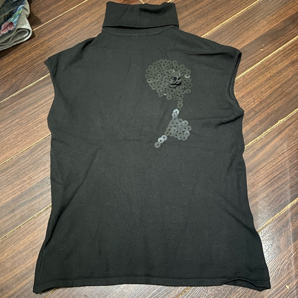 New Black Sleeveless Turtleneck Top with Sequin Floral Accent S